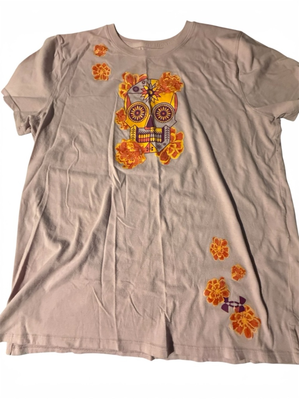 Embroidered Sugar Skull T-Shirt in Light Pink with Orange Floral Accents